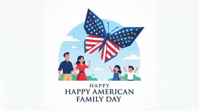 Illustration of a family with two adults and two children outdoors under a large butterfly with an American flag pattern, with text 'Happy American Family Day' below.