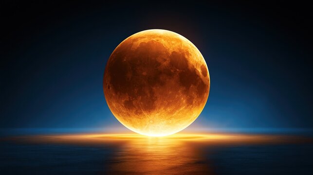 Large bright orange full super moon rising above calm dark ocean with warm golden reflection on smooth water surface against deep dark night sky