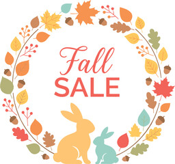 Fototapeta premium Fall Sale Banner with Autumn Leaf Wreath and Rabbit Silhouettes Seasonal Vector Illustration