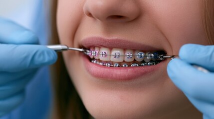 Fototapeta premium Close-up of smiling young woman with colorful braces on teeth during dental checkup with gloved hands using orthodontic tools in modern clinic setting