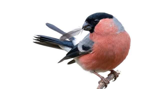 A male eurasian bullfinch preening its feathers on a branch, captured in a sharp macro portrait against a clean white background.