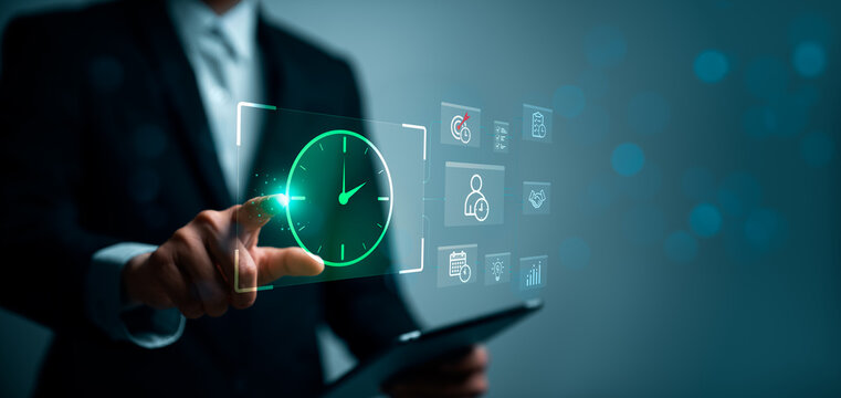 Business time management concept with professional touching virtual clock interface showing schedule deadline planning productivity workflow and project task organization