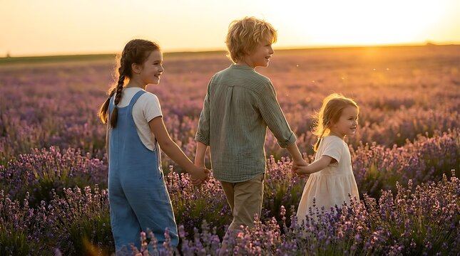 Three children holding hands in a purple lavender field.