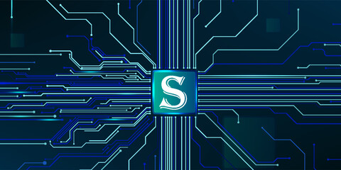 Premium blue digital screen display and layout with digital hi tech element grid line and circuits © sofyan