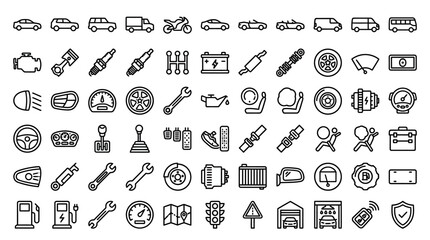 Naklejka premium Automotive Icons Set: Car Parts, Vehicles, Tools, and Driving Elements Collection
