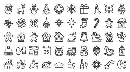 Christmas Icons Set: Santa, Snowman, Tree, Gifts, Decorations, Food, Winter Holiday Vector Symbols © Rizky