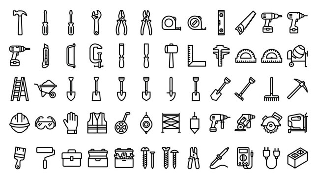 Construction Tools Icons Set - Vector Illustration of Hand Tools and Equipment