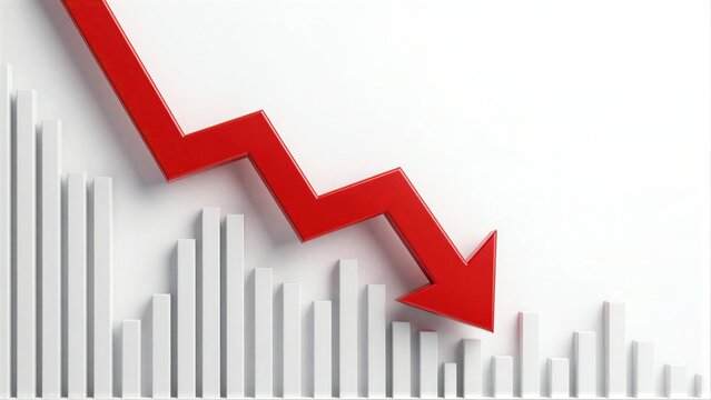 Red arrow drops sharply over white bars, symbolizing decline or downturn.