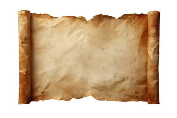 Fototapeta premium Vintage parchment scroll unfurling, aged paper texture with burnt edges, old history document message template