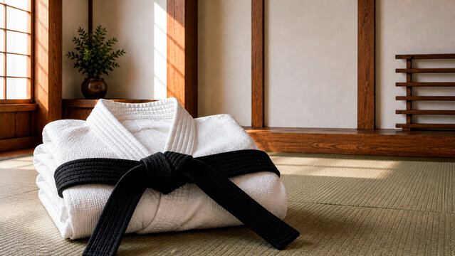 Folded white martial arts uniform with a black belt on a tatami mat. Traditional Japanese dojo interior with sunlight. Karate and judo training concept