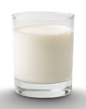 Fresh dairy milk in clear glass cup. White liquid beverage container for healthy drink or cooking ingredient.