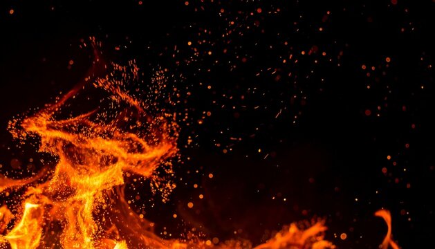 A dramatic close-up of blazing orange flames with glowing embers rising against a deep black background. Perfect for concepts of heat, energy, danger, survival, industrial applications.
