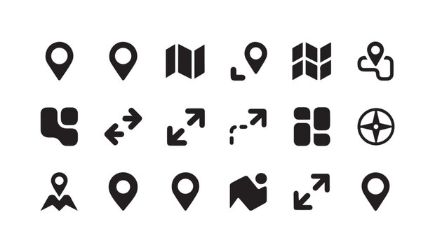 Map pointer, folded map, full screen, scale, navigation, and direction icon set.
