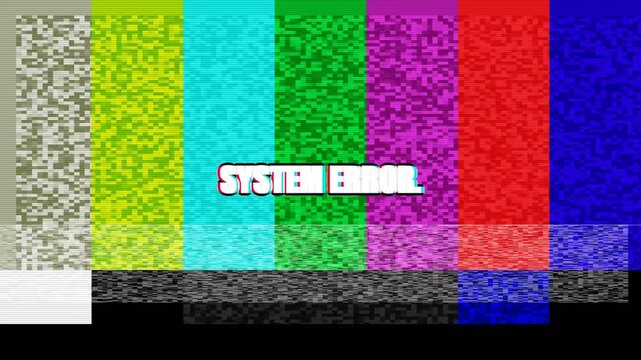 System error text overlay on colorful digital television test pattern bars
