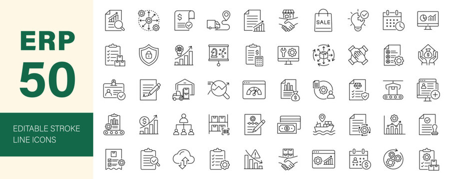 ERP icon set. Editable line icons. Vector illustration.