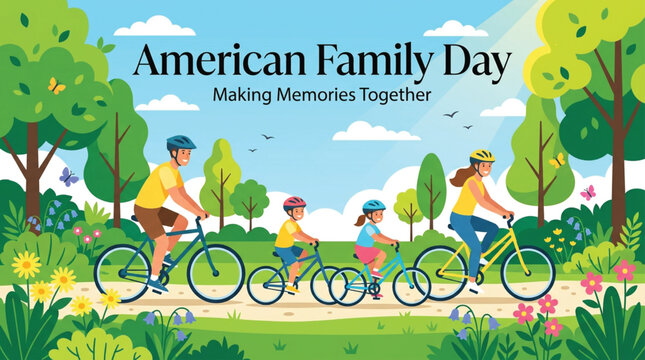 Illustration of a family with two adults and two children riding bicycles together on a path in a green park, with trees, grass, flowers, birds, and blue sky in the background.