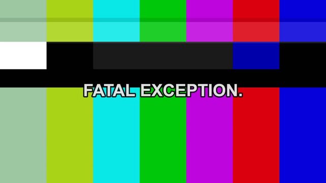 Fatal exception text on colorful television test pattern background