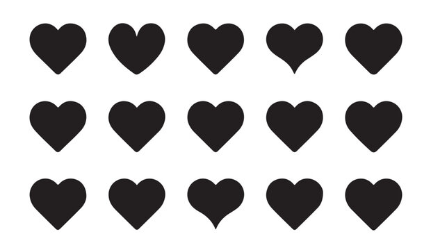 Heart icons collection set with various silhouette shapes isolated on white background for romantic decoration.