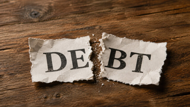 Torn paper with DEBT text split apart on wooden table, symbolizing financial freedom and debt relief concept
