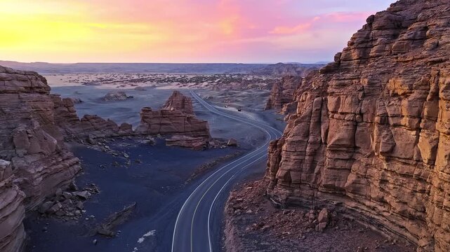 Aerial view of an empty winding asphalt road through yardang landforms at sunset, Dahaidao, Xinjiang, China