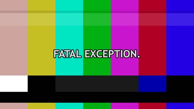 Fatal exception text overlay on colorful television test pattern background