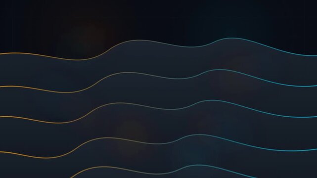 Abstract digital background of blue and orange wavy lines flowing across a dark grid pattern.