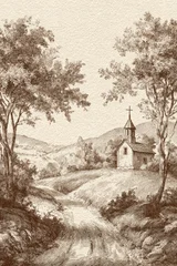 Vintage Blue Ink Landscape Illustration with Rural Church. AI generative. © Dar1930