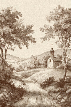 Vintage Blue Ink Landscape Illustration with Rural Church. AI generative.