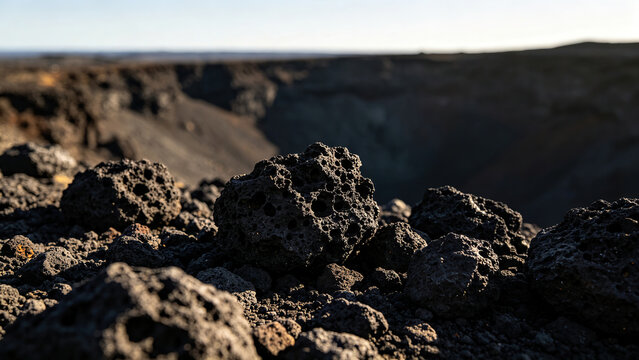 Close-up of porous black volcanic scoria at the edge of a crater, with a rough texture.