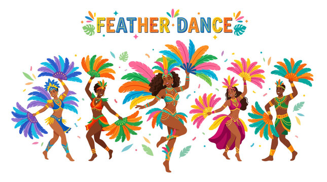 Vibrant Group of Festive Carnival Performers Dancing Joyfully with Colorful Tropical Feather Fans and Exotic Traditional Costumes