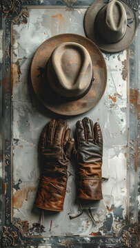 Vintage cowboy hat and leather gloves.
