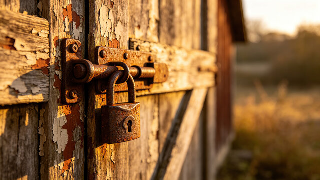 A weathered rusty hasp and padlock on a rustic barn door.
