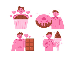 A collection of conceptual illustrations of people and sweet foods or chocolate. A man with a donut, ice cream, cupcake, and chocolate bar. Character, gesture, expression. Flat style. Metaphor.