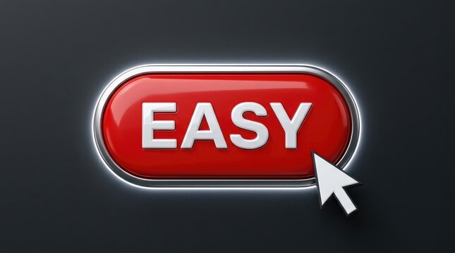 Glossy red easy button with metallic border and white cursor arrow pointing at the center