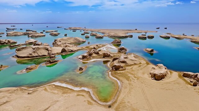 Aerial drone shot of unique water yardang landforms surrounded by clear green water in Qinghai, China