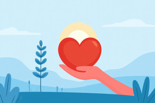 Hand Offering Red Heart Under Glowing Sun in Nature Scene