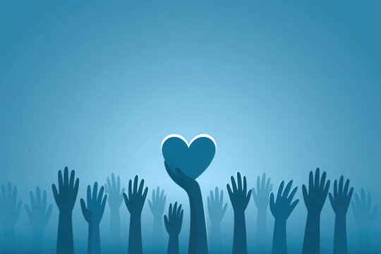 Raised Hands Crowd Holding Heart Symbol on Blue Background