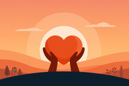Two Hands Lifting Heart Toward Sunset Sky Landscape