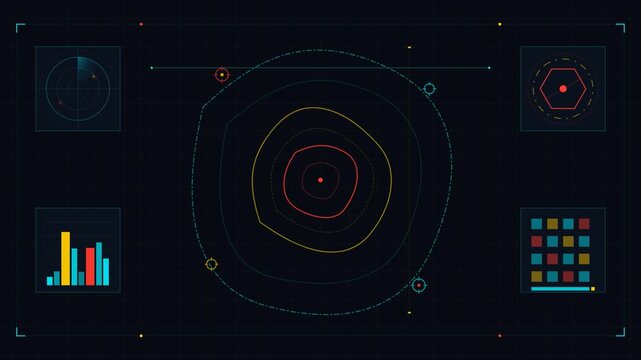 Futuristic HUD digital interface with radar scan and data charts.