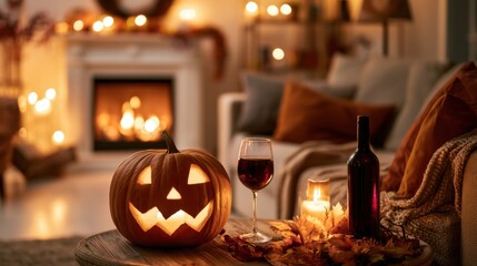 Naklejka premium Cozy autumn interior scene with glowing carved pumpkin jack-o-lantern near lit candle, wine glass, bottle and warm fireplace ambiance for seasonal celebration