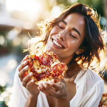 Young Woman Eating Pizza Slice Outdoors AI Generative &ndash; no real persons