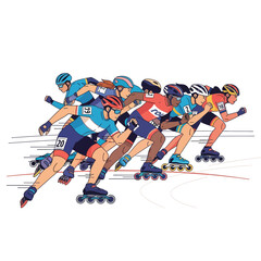 Naklejka premium Professional speed skaters competing in an inline skating marathon race illustration