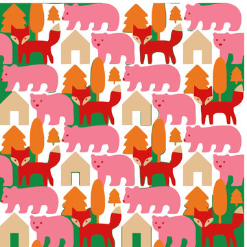 Pink Bears and Red Foxes with Houses and Trees