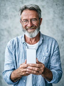 Senior Man Holding Blank Smartphone Mockup &ndash; Generative AI &ndash; no real persons