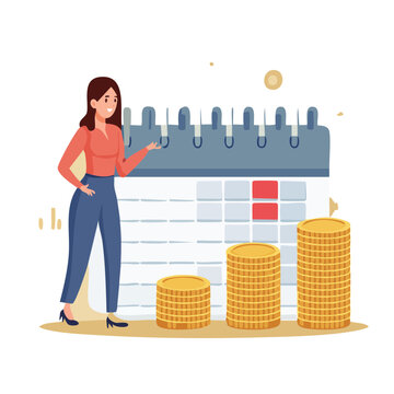 Woman pointing at calendar with coin stacks illustration
