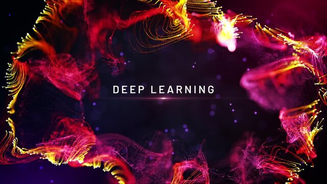 Abstract particle animation featuring glowing red, purple, and yellow filaments with turbulence, flare, bokeh, seamless loop, spreading and reverse particle effects, and Deep Learning text reveal.