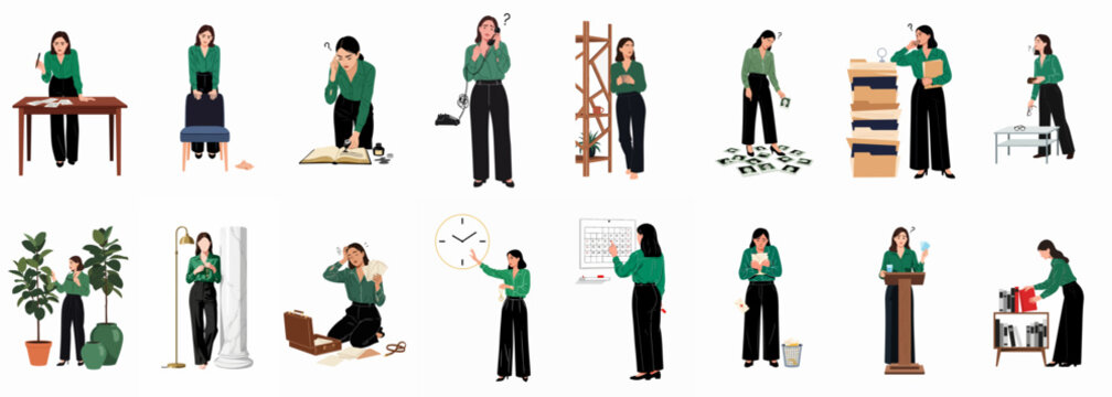 Collection of flat vector illustrations depicting a professional woman experiencing confusion, stress, and forgetfulness in various office and life situations.