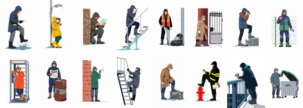 Vector illustration set of repossession agents and private investigators performing various tasks and surveillance operations in rainy outdoor settings.