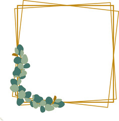 Elegant gold geometric frame with eucalyptus leaves border on white background, modern botanical design element © ftb_desain