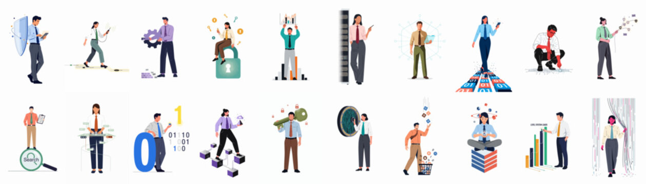 Comprehensive collection of 18 flat vector illustrations depicting business professionals engaged in various data management, cybersecurity, and technological concepts.